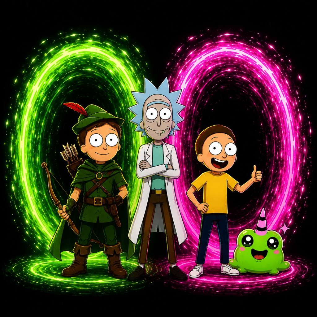 ChainTrip characters standing between a green portal and a pink portal