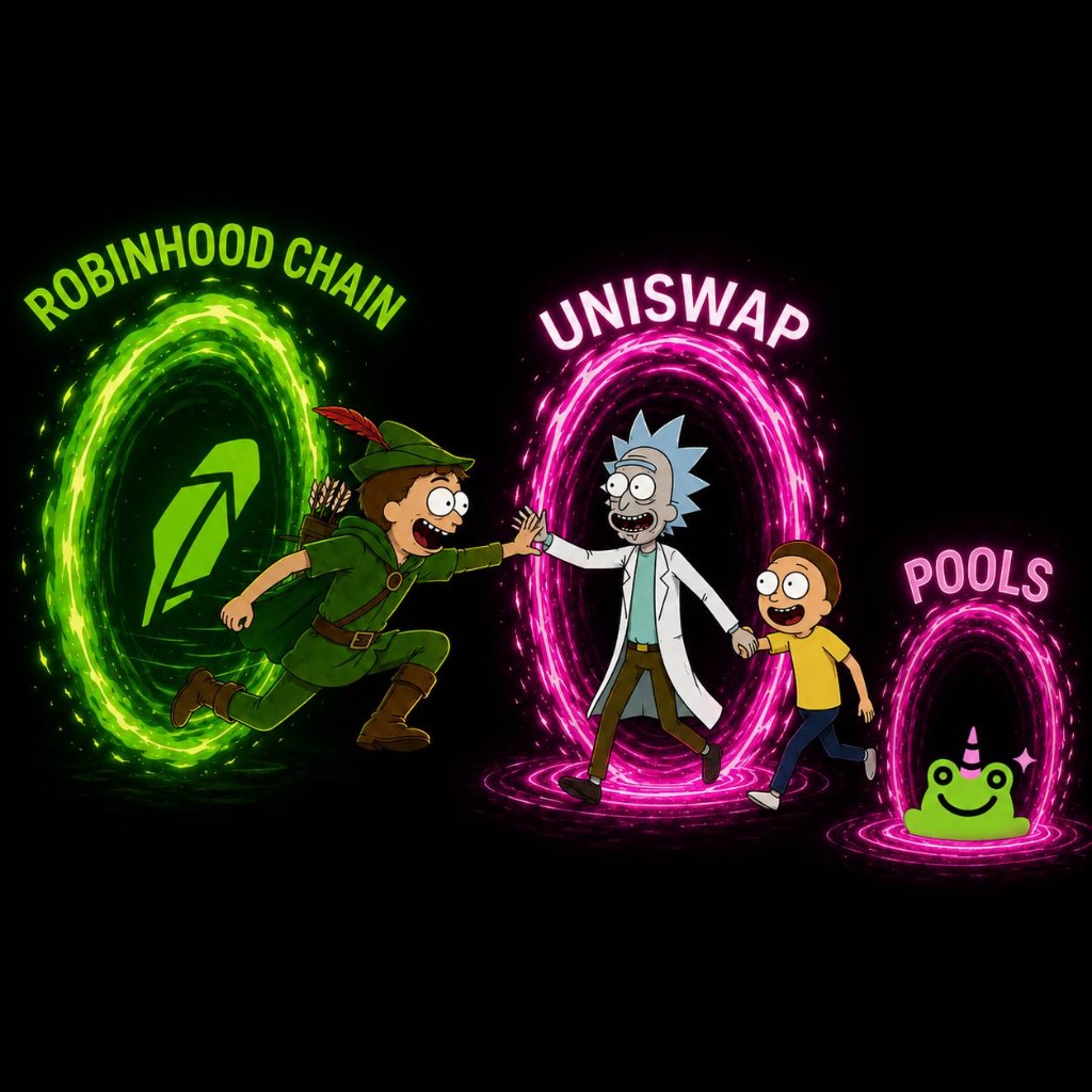 The trip: Robinhood Chain, Uniswap, Pools — characters running between portals
